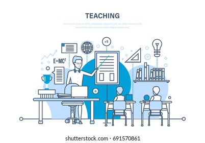 Corporate Training, Education For Colleage, Distance Learning, System Of Knowledge, Skills. Teaching On Lesson In Classroom. Courses, Presentation. Illustration Thin Line Design Of Vector Doodles.