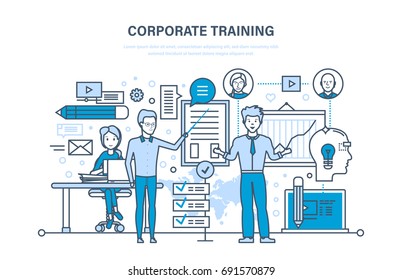 Corporate training, education for colleage, distance learning. Staff training, professional development. Conference, courses, presentation. Illustration thin line design of vector doodles.