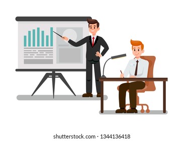 Corporate Training Flat Vector Illustration. Business Coach in Suit Cartoon Character. Sales Pitch. Project Presentation. Graph, Diagram, Chart. Conference, Seminar. Employee Taking Notes. Desk, Chair