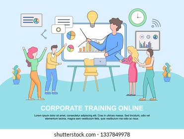 Corporate Training Online Horizontal Banner With Copy Space. Trainer Point Infographics Data On Immence Interactive Screen. Video Conference For Office Managers Linear Cartoon Flat Vector Illustration