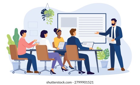 Corporate Training Session and Business Presentation Workshop with Team Learning Vector Illustration