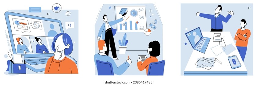 Ilustración vectorial de entrenamiento corporativo. La metáfora de formación empresarial comparó el trabajo en equipo con una máquina bien aceitada La conferencia ofreció una visión general completa del tema Planes de lección