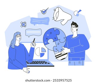Capacitación Corporativa Video con llamadas y funciones de chat. Comunicación y colaboración en línea del equipo, Anuncio de entrenamiento corporativo, Ilustración vectorial plana sobre fondo blanco. Reunión del equipo de negocios en línea