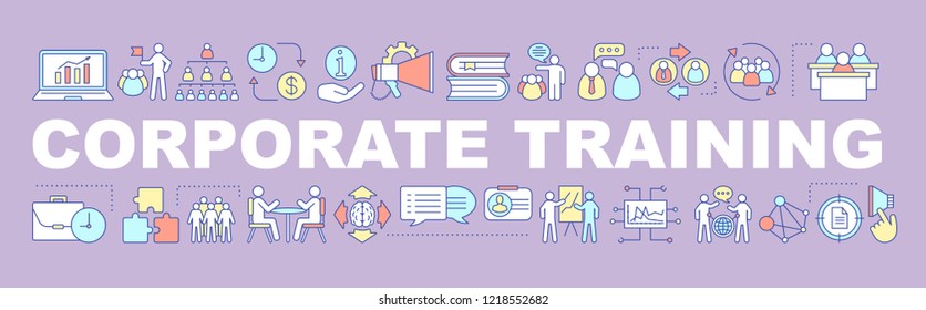 Corporate training word concepts banner. Business coaching and education. Networking and coworking. Interactive training. Isolated lettering typography with linear icons. Vector outline illustration