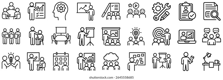Conjunto de ícones de traçado de treinamento corporativo e workshop. Inclui Apresentações, Estratégia, Coaching e Símbolos de Desenvolvimento de Funcionários. Coleção De Vetores De Estrutura De Tópicos Editável.