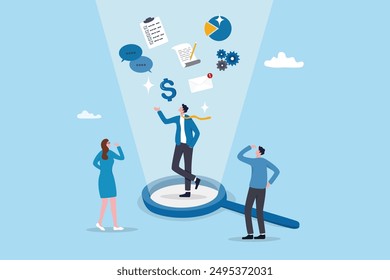 Corporate transparency, integrity or trust, business management with responsibility, financial transparent, legal or agreement for ethic report concept, businessman on magnifying glass transparency.