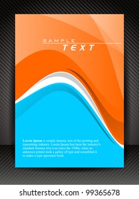 Diseño corporativo transparente de volante, banner o portada con ondas en línea de fondo de textura en color naranja y azul. EPS10, Ilustración vectorial.