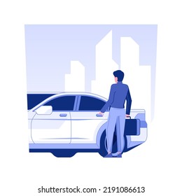 Corporate transport isolated concept vector illustration. Employee gets into the corporate car, business etiquette, company rules and benefits, luxury automobile for workers vector concept.