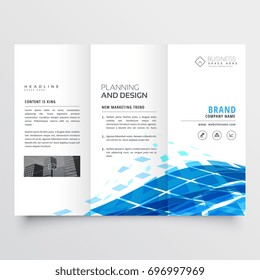 corporate tri fold brochure design with blue abstract shapes