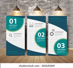 Empresarial Tri Fold Brochure cartaz na parede de tijolos rachaduras e sala de chão de madeira, conceito de inspiração design moderno layout de fluxo de trabalho, diagrama, números intensificar opções banners, Ilustração vetorial