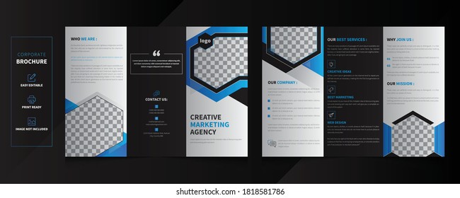 Corporate Tri Fold Brochure vector illustration. Vector triple folding brochure for business and advertising. Layout with modern elements and abstract background.
Creative three folded Brochure