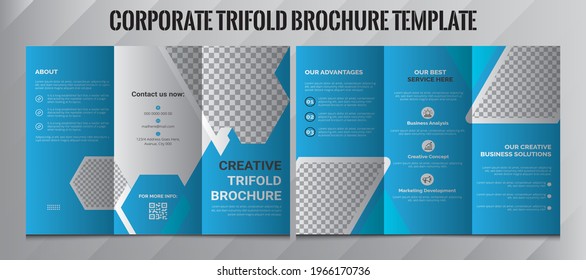 Corporate Tri Fold Brochure vector illustration. Vector triple folding brochure for business and advertising. Layout with modern elements and abstract background. Creative three-folded Brochure.Constr