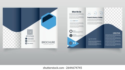 Corporate Trifold Brochure Template. Clean and professional trifold brochure design with blue accents, ideal for corporate, real estate, or business marketing purposes