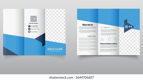 Modelo de Brochura Corporativa com Três Dobras. Design de brochura de três dobras limpo e profissional com acentos azuis, ideal para fins de marketing corporativo, imobiliário ou de negócios. Arquivo editável