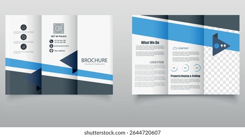 Corporate Trifold Brochure Template. Clean and professional trifold brochure design with blue accents, ideal for corporate, real estate, or business marketing purposes
