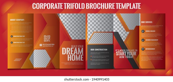 Corporate tri-fold brochure template design Premium, Vector triple folding brochure for business and advertising. The template is white with a red hexagon and a place for photos.