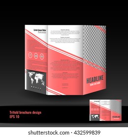 Corporate trifold brochure template design. With world map infographic element and place for photo. Stoc vector.