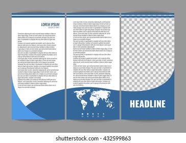 Corporate trifold brochure template design. With world map infographic element and place for photo. Stoc vector.