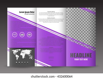 Corporate trifold brochure template design. With world map infographic element and place for photo. Stoc vector.