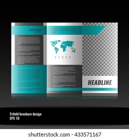 Corporate trifold brochure template design. With world map infographic element and place for photo. 