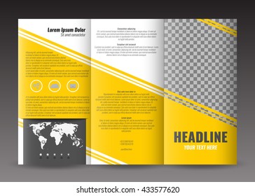 Corporate trifold brochure template design. With world map infographic element and place for photo. 