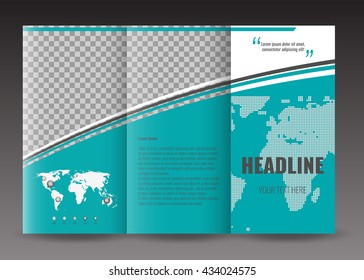 Corporate trifold brochure template design. With world map infographic element and place for photo. Stock vector.
