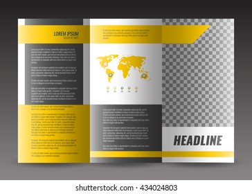 Corporate trifold brochure template design. With world map infographic element and place for photo. Stoc vector.