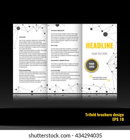 Corporate trifold brochure template design with connection abstract background. Stock vector.