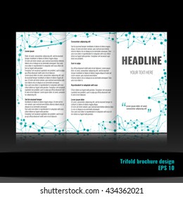 Corporate trifold brochure template design with connection abstract background. Stock vector.
