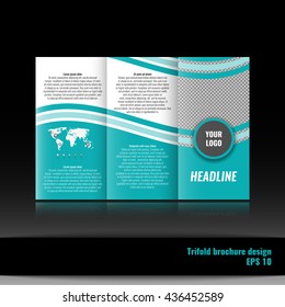 Corporate trifold brochure template design. With world map infographic element and place for photo. Stoc vector.