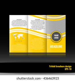 Corporate trifold brochure template design. With world map infographic element and place for photo. Stoc vector.