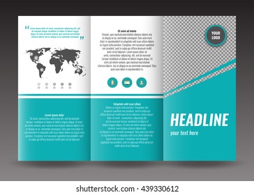 Corporate trifold brochure template design. With world map infographic element and place for photo. Stoc vector.
