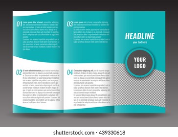 Corporate trifold brochure template design. With world map infographic element and place for photo. Stoc vector.