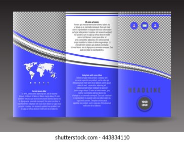 Corporate trifold brochure template design. With world map infographic element and place for photo.