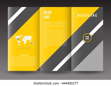 Corporate trifold brochure template design. With world map infographic element and place for photo.