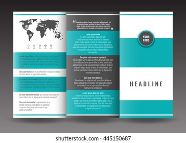 Corporate trifold brochure template design. With world map infographic element. Stock vector.