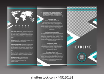 Corporate trifold brochure template design. With world map infographic element and place for photo. Stock vector.