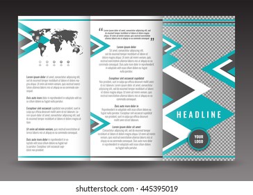 Corporate tri-fold brochure template design. With world map infographic element and place for photo. Stock vector.