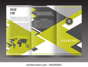 Corporate tri-fold brochure template design. With world map infographic element and place for photo. Stock vector.