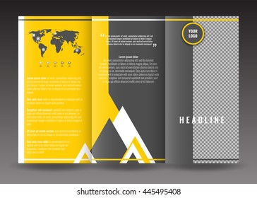 Corporate tri-fold brochure template design. With world map infographic element and place for photo. Stock vector.