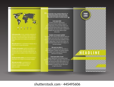 Corporate trifold brochure template design. With world map infographic element and place for photo. Stock vector.