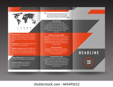 Corporate trifold brochure template design. With world map infographic element and place for photo. Stock vector.