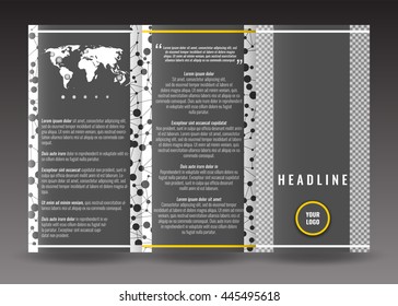 Corporate trifold brochure template design. Connection abstract background. With world map infographic element and place for photo. Stock vector.