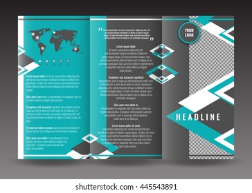 Corporate tri-fold brochure template design. With world map infographic element and place for photo. Stock vector.