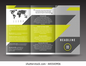 Corporate trifold brochure template design. With world map infographic element and place for photo. Stock vector.