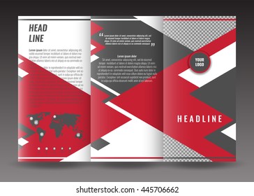 Corporate tri-fold brochure template design. With world map infographic element and place for photo. Stock vector.