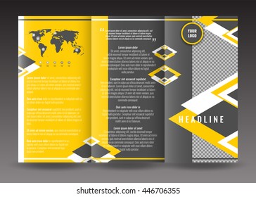 Corporate tri-fold brochure template design. With world map infographic element and place for photo. Stock vector.