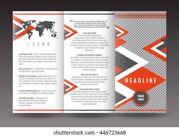 Corporate tri-fold brochure template design. With world map infographic element and place for photo. Stock vector.
