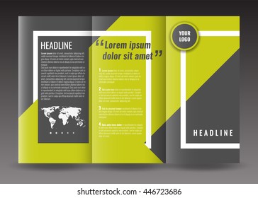 Corporate trifold brochure template design. With world map infographic element, frame and ribbon. Stock vector.
