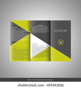 Corporate tri-fold brochure template design with triangles background. With world map infographic element and place for photo. Stock vector.